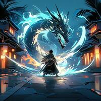 warrior man dragon fight anime futuristic illustration mystical fantasy art glowing digital photo