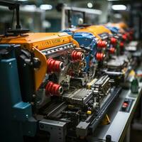 Costura textil fábrica espacio de trabajo máquina robot producción mecánico transportador foto cerca
