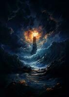 lighthouse storm light moon guiding star fantasy mystery tarot illustration art tattoo poster photo