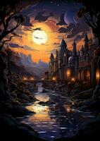 castle moon landscape dreamy fantasy mystery tarot illustration art tattoo poster card night photo