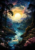 moon landscape dreamy fantasy mystery tarot illustration art tattoo poster card night photo