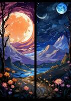 moon landscape dreamy fantasy mystery tarot illustration art tattoo poster card night photo