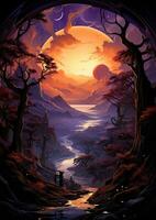 moon landscape dreamy fantasy mystery tarot illustration art tattoo poster card night photo