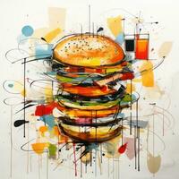 grande hamburguesa comida resumen caricatura surrealista juguetón pintura ilustración tatuaje geometría moderno foto