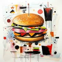 grande hamburguesa comida resumen caricatura surrealista juguetón pintura ilustración tatuaje geometría moderno foto