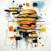grande hamburguesa comida resumen caricatura surrealista juguetón pintura ilustración tatuaje geometría moderno foto