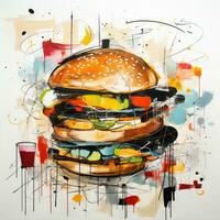 grande hamburguesa comida resumen caricatura surrealista juguetón pintura ilustración tatuaje geometría moderno foto