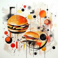 grande hamburguesa comida resumen caricatura surrealista juguetón pintura ilustración tatuaje geometría moderno foto