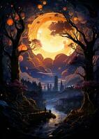 moon landscape dreamy fantasy mystery tarot illustration art tattoo poster card night photo