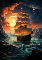 sea storm ship moon dreamy fantasy mystery tarot illustration art tattoo poster card night photo