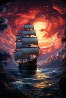 sea storm ship moon dreamy fantasy mystery tarot illustration art tattoo poster card night photo