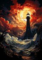 lighthouse storm light moon guiding star fantasy mystery tarot illustration art tattoo poster photo