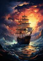 sea storm ship moon dreamy fantasy mystery tarot illustration art tattoo poster card night photo