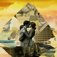 kissing man woman Abstract collage scrapbook yellow retro vintage surrealistic illustration photo