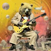 oso guitarra bajo resumen collage álbum de recortes amarillo retro Clásico surrealista ilustración foto