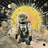 Hedgehog spaceman Abstract collage scrapbook yellow retro vintage surrealistic illustration photo