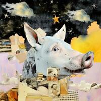 pig face Abstract collage scrapbook yellow retro vintage surrealistic illustration photo