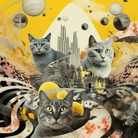 lot cats family Abstract collage scrapbook yellow retro vintage surrealistic illustration photo