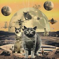 lot cats family Abstract collage scrapbook yellow retro vintage surrealistic illustration photo