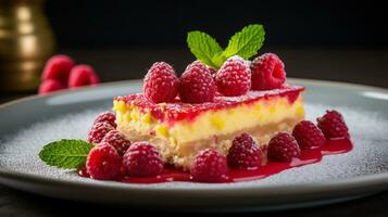 Photo of Raspberry Lemon Bars as a dish in a high-end restaurant. Generative AI