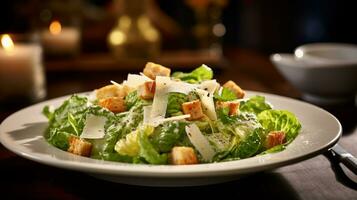 Photo of Classic Caesar Salad as a dish in a high-end restaurant. Generative AI