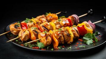 Photo of Chicken Kebabs as a dish in a high-end restaurant. Generative AI