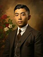 Asian man from the early 1900s colored old photo AI Generative