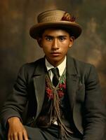 asiático hombre desde el temprano 1900 de colores antiguo foto ai generativo