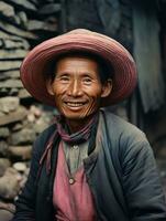 asiático hombre desde el temprano 1900 de colores antiguo foto ai generativo