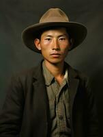 asiático hombre desde el temprano 1900 de colores antiguo foto ai generativo