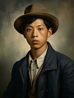 Asian man from the early 1900s colored old photo AI Generative