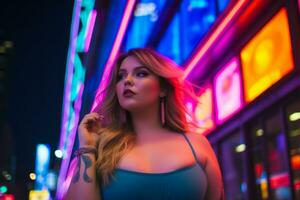 Plus size modern woman rocking modern against the vibrant neon streets AI Generative photo