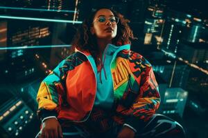 Plus size modern woman rocking modern against the vibrant neon streets AI Generative photo