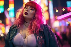 Plus size modern woman rocking modern against the vibrant neon streets AI Generative photo