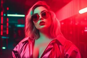 Plus size modern woman rocking modern against the vibrant neon streets AI Generative photo