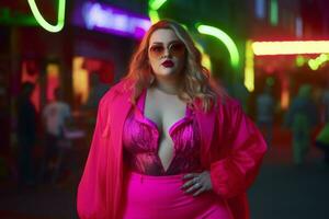 Plus size modern woman rocking modern against the vibrant neon streets AI Generative photo