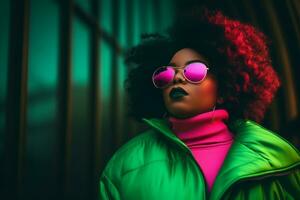 Plus size modern woman rocking modern against the vibrant neon streets AI Generative photo