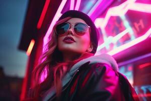 Plus size modern woman rocking modern against the vibrant neon streets AI Generative photo