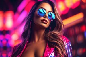 Plus size modern woman rocking modern against the vibrant neon streets AI Generative photo