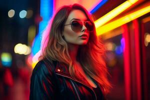 Plus size modern woman rocking modern against the vibrant neon streets AI Generative photo