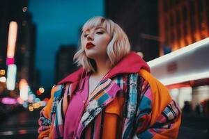 Plus size modern woman rocking modern against the vibrant neon streets AI Generative photo