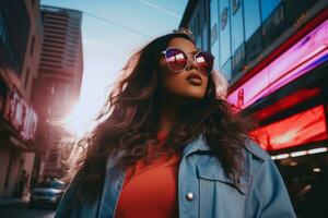 Plus size modern woman rocking modern against the vibrant neon streets AI Generative photo