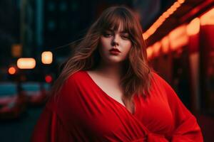 Plus size modern woman rocking modern against the vibrant neon streets AI Generative photo