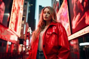 Plus size modern woman rocking modern against the vibrant neon streets AI Generative photo