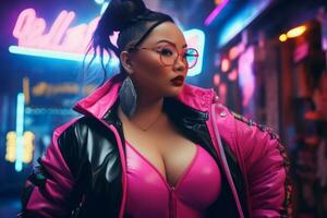Plus size modern woman rocking modern against the vibrant neon streets AI Generative photo
