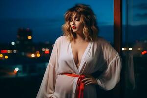 Plus size modern woman rocking modern against the vibrant neon streets AI Generative photo