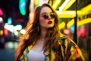 Plus size modern woman rocking modern against the vibrant neon streets AI Generative photo