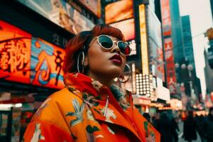 Plus size modern woman rocking modern against the vibrant neon streets AI Generative photo