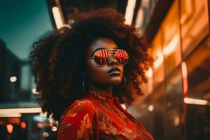 Plus size modern woman rocking modern against the vibrant neon streets AI Generative photo