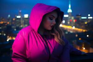 Plus size modern woman rocking modern against the vibrant neon streets AI Generative photo